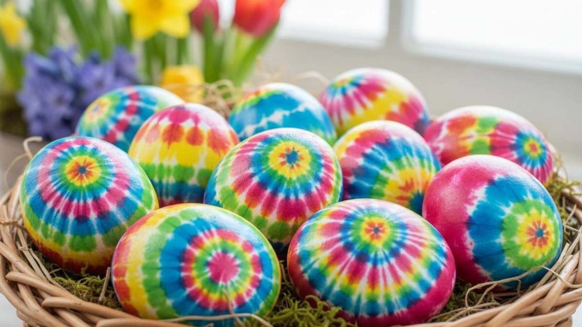 Оригинальные пасхальные яйца в технике тай-дай — с пеной и без нее