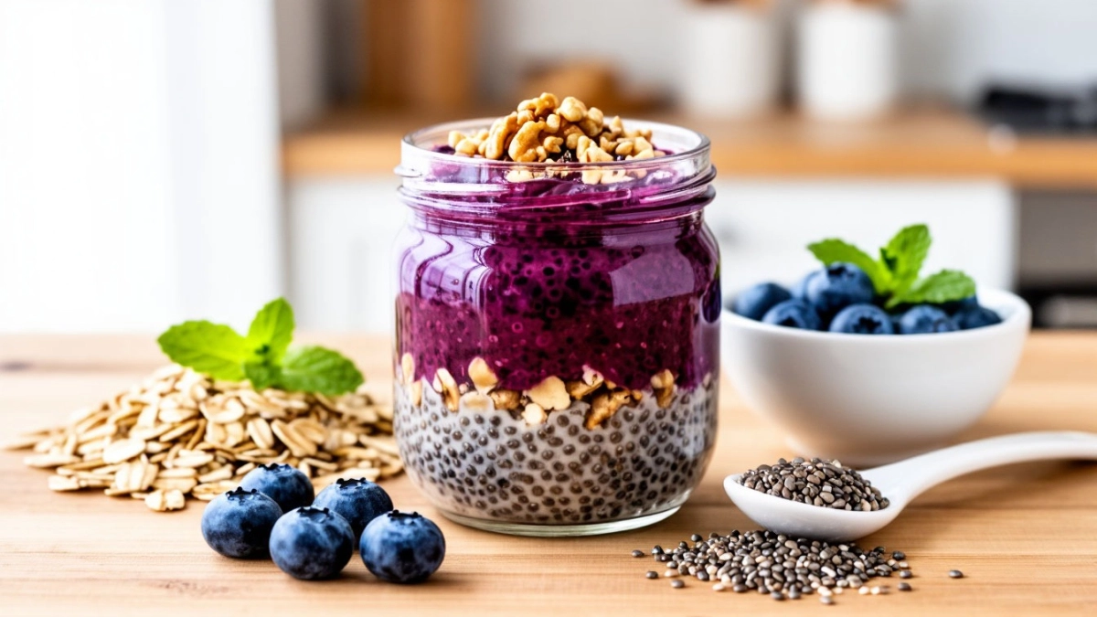 Вкусный и полезный завтрак на каждый день: трендовая «ночная» овсянка с семенами чиа и ягодами для женщин